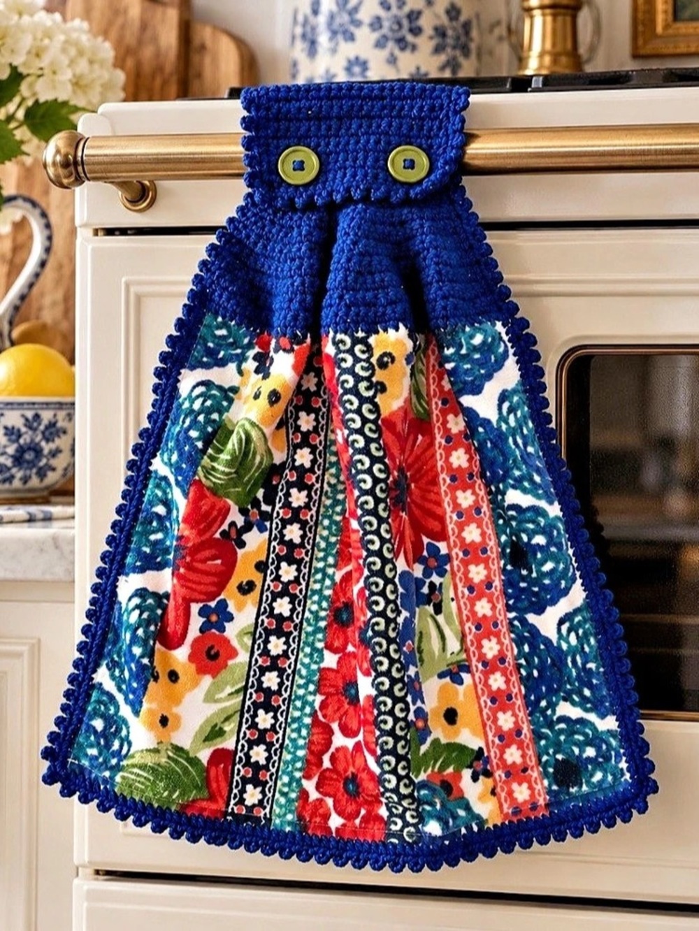 Artisan Handmade Crochet Hanging Kitchen Towel Cobalt Floral Ruffled